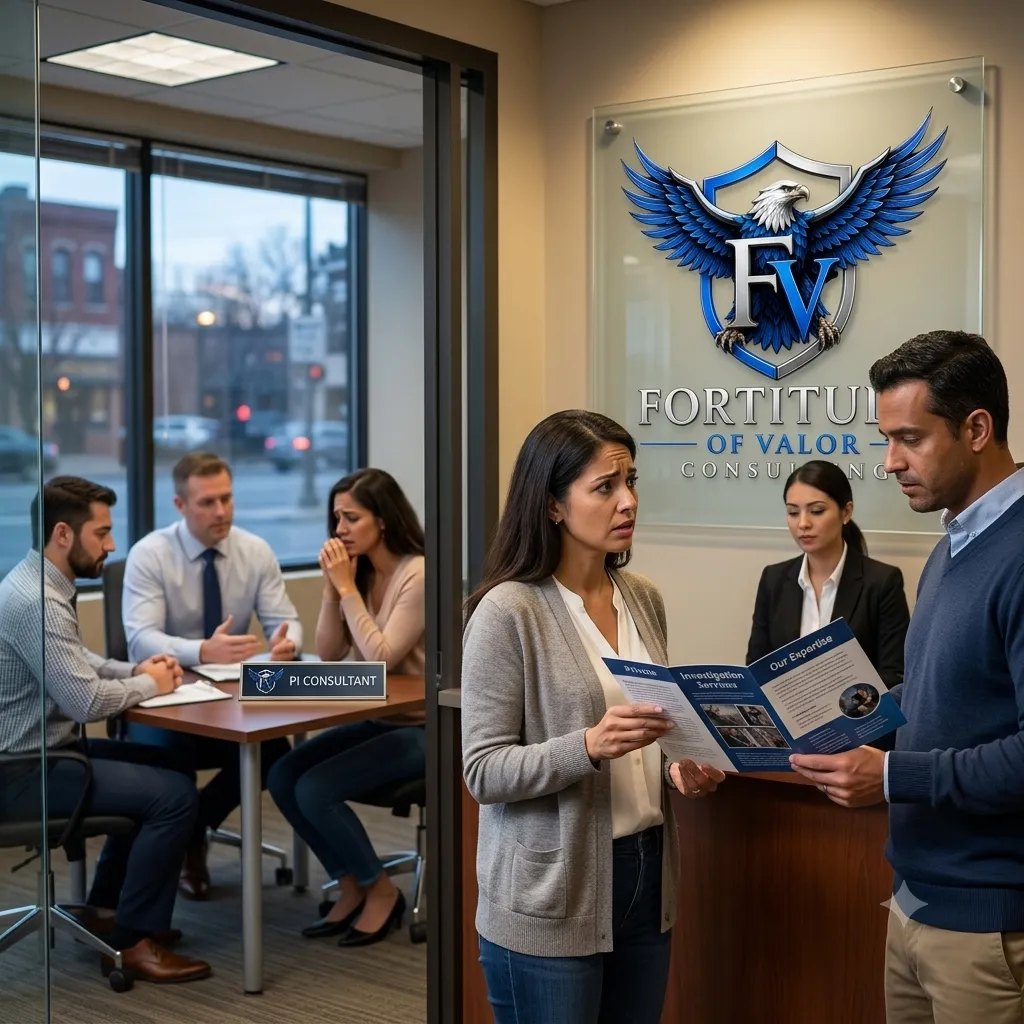 A consultant reviewing a services brochure with a client in the Fortitude of Valor Consulting office, a team meeting visible through the glass wall behind them