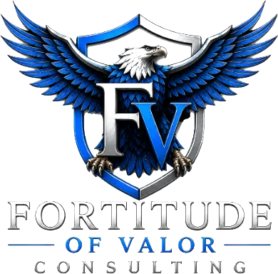 Fortitude of Valor Consulting crest — an eagle with outstretched wings over a shield bearing the letters F V, above the firm's wordmark