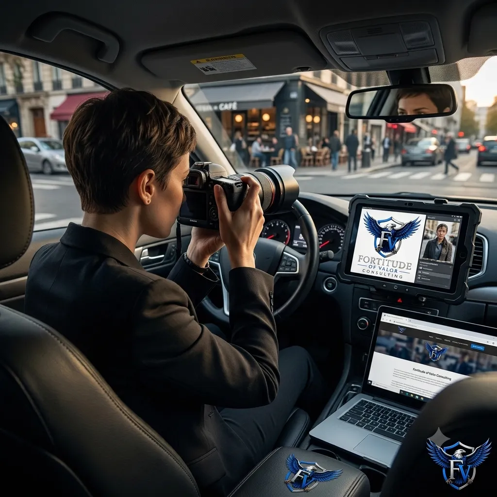 An investigator photographing a street scene with a long lens from inside a parked vehicle, a case file open on a tablet beside them